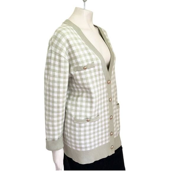JOIE Bold Button Gingham Plaid Boyfriend Cardigan in Sage & White SZ L - Picture 4 of 10